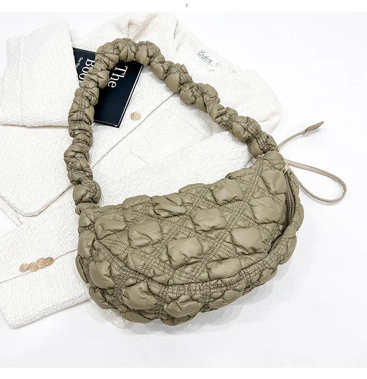 Women's casual nylon underarm messenger bag in beige colour showing dimensions and adjustable shoulder strap
