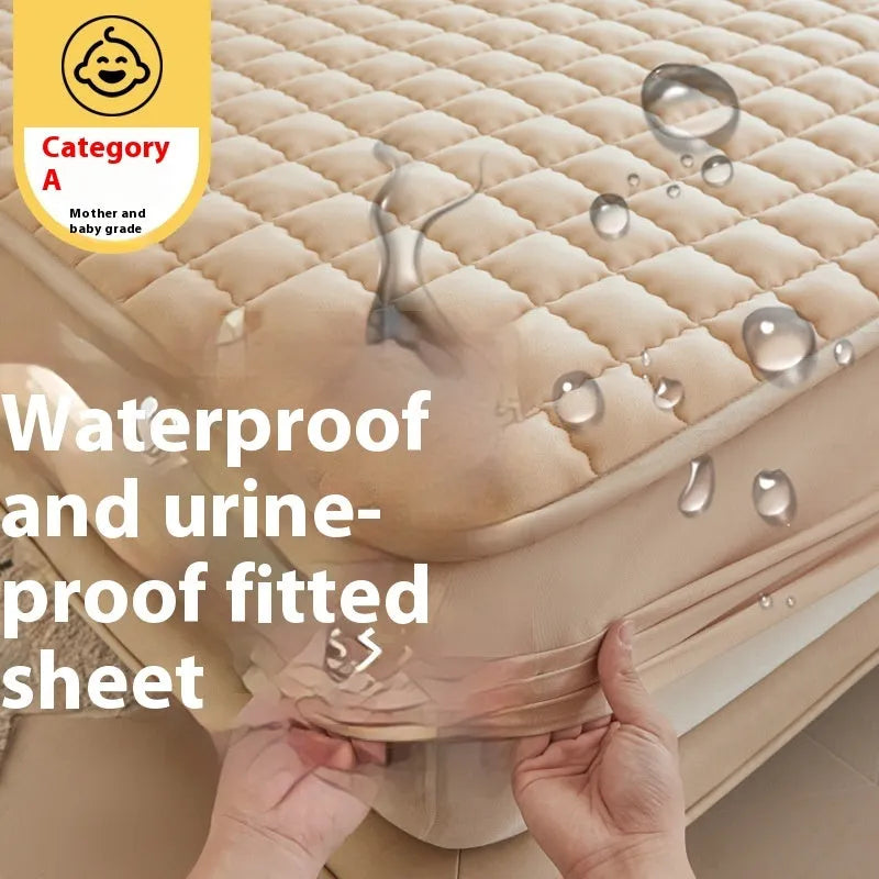 Blue waterproof fitted sheet with elasticated corner on a mattress
