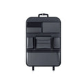 Black leather car seat back hanging storage bag with carrying handle shown in vehicle