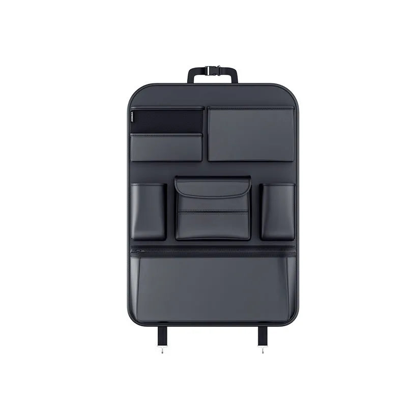 Black leather car seat back hanging storage bag with carrying handle shown in vehicle