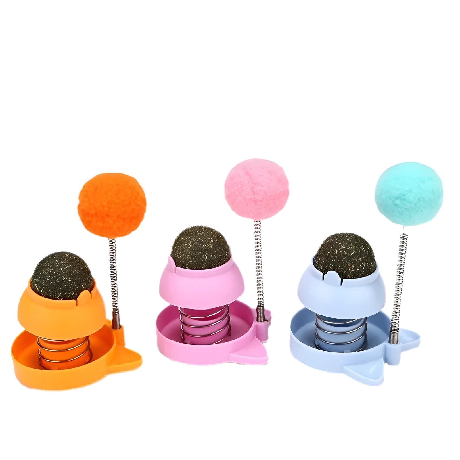 Blue, orange, and pink lucky cat design mint balls for cat dental care and play.