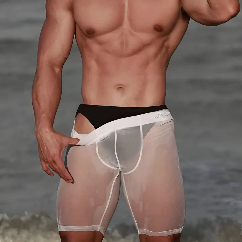 Men's solid colour knitted nylon mesh shorts on a plain background