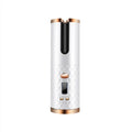 White portable automatic curling iron with USB charging cable and gold ceramic curling barrel.