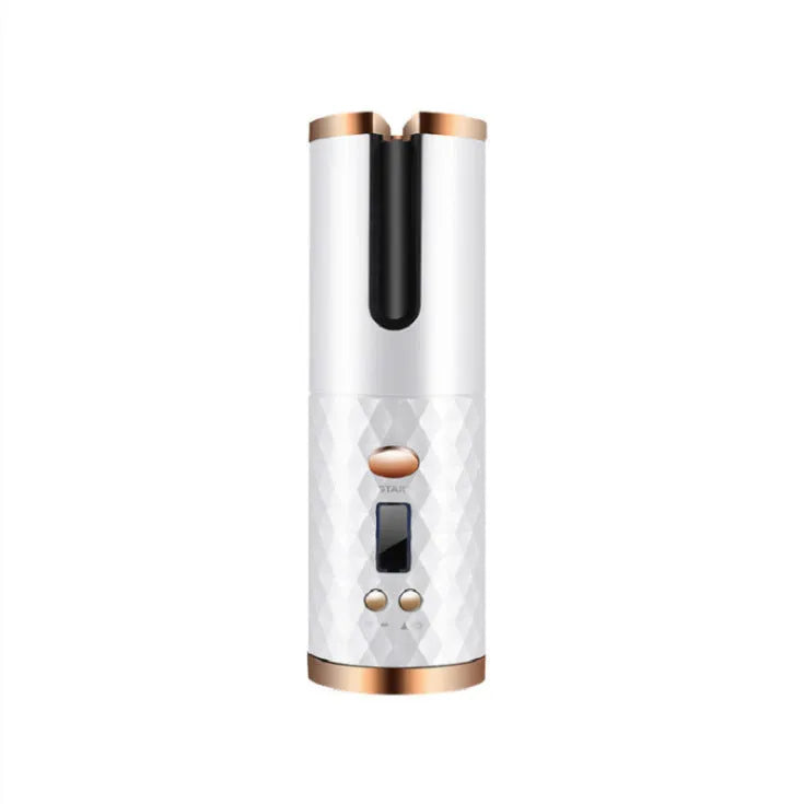 White portable automatic curling iron with USB charging cable and gold ceramic curling barrel.