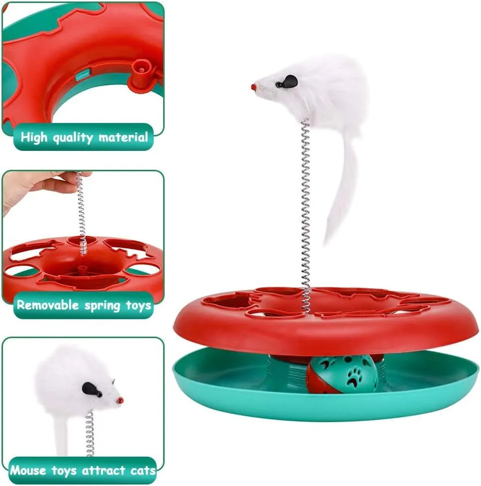 Red cat toy roller track with exercise balls, catnip spring, and detachable mouse teaser on floor