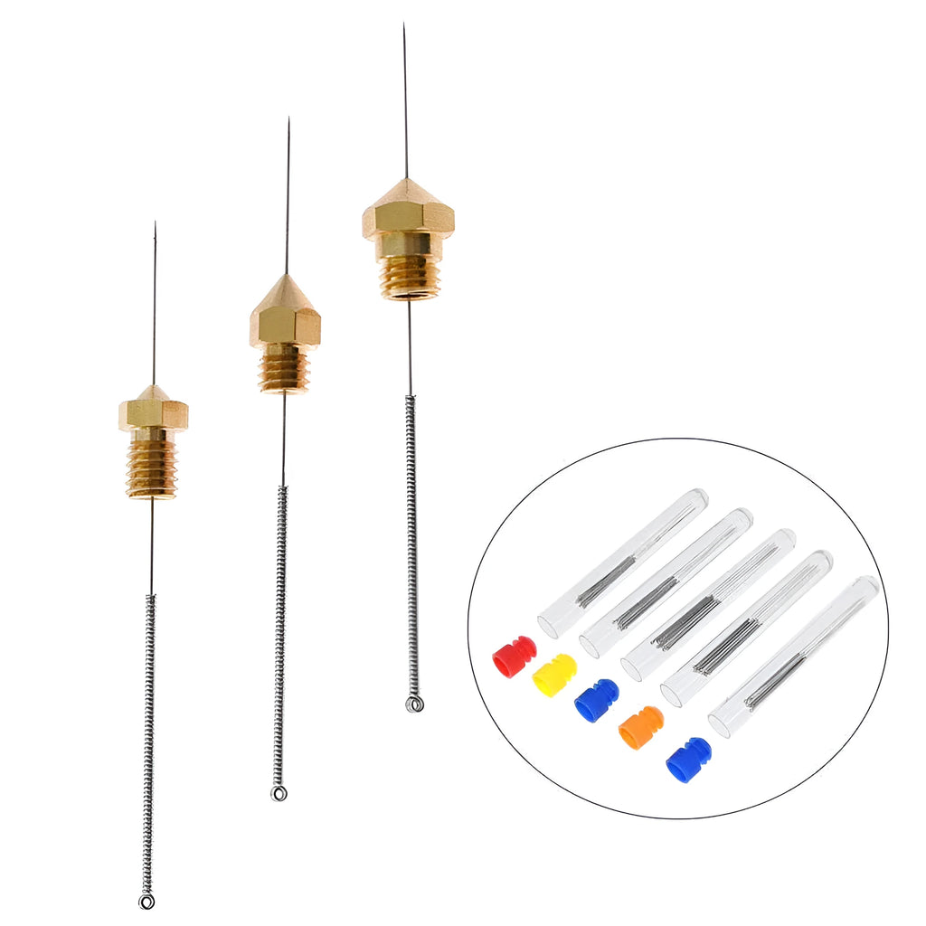 E3D MK8 nozzle cleaning needles for 3D printers in a 10-piece pack with multiple diameter options