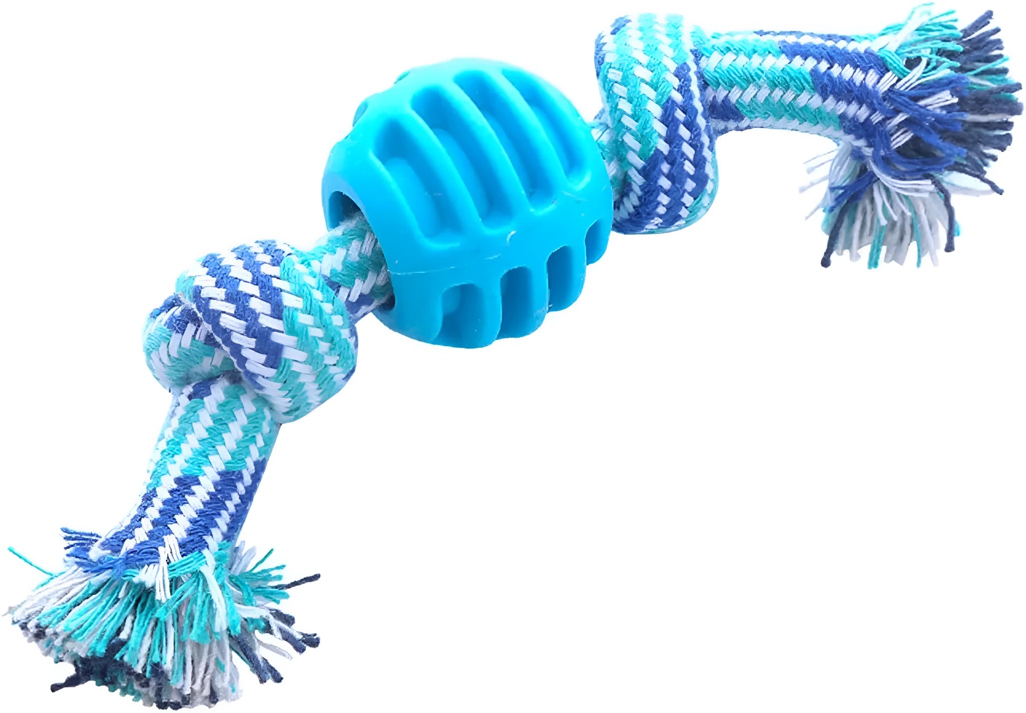 Blue dog chew toy with molar shape and rope attachment for teeth cleaning