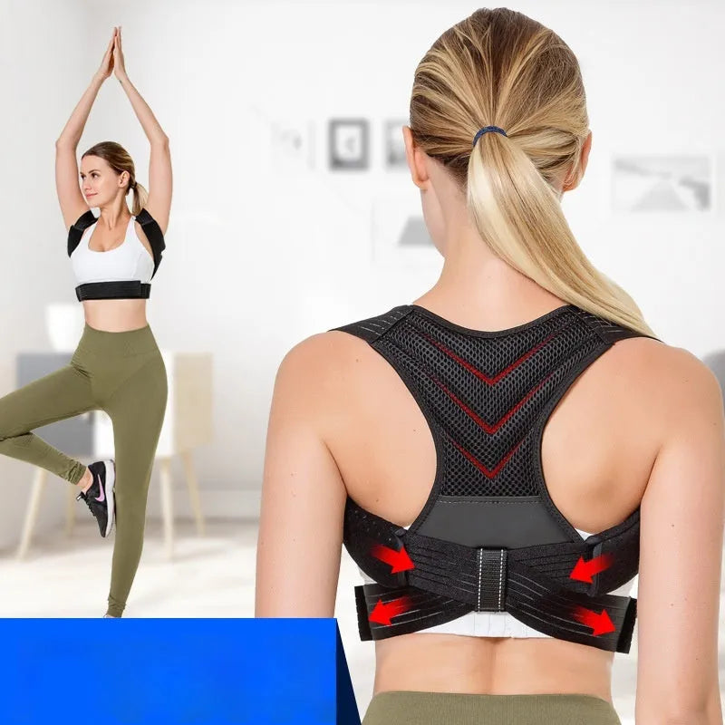 Black adjustable anti-humpback posture correction belt shown on model
