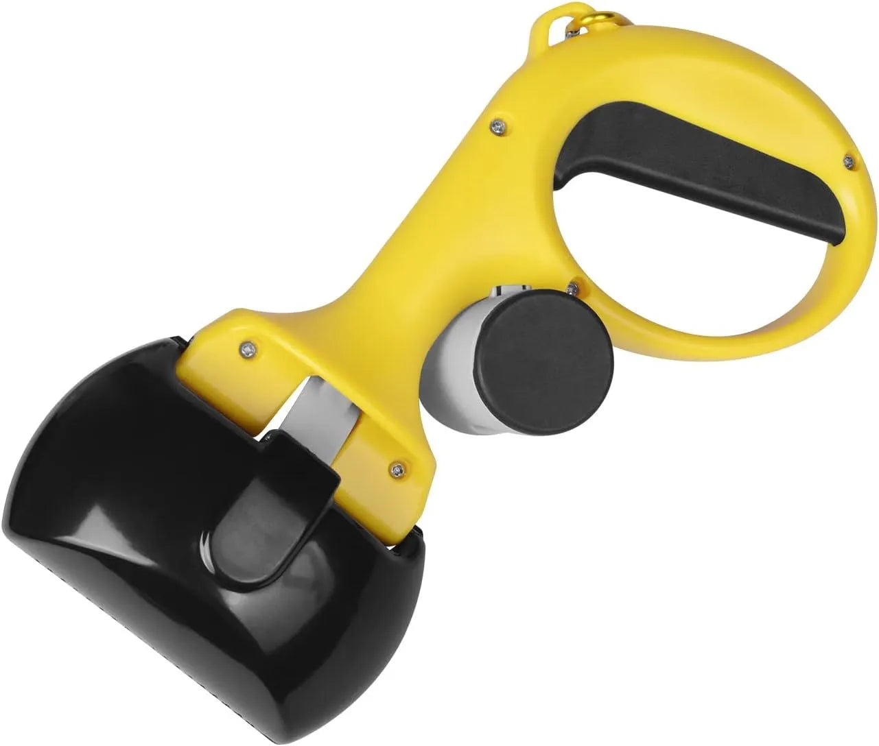 Heavy-duty ABS plastic pet pooper scooper with integrated trash bag holder in black, blue, red, or yellow.