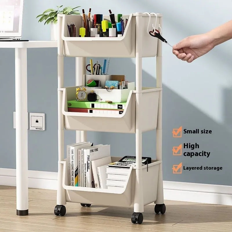 White plastic household multi-layer storage rack with wheels, rotatable, 3 layers, on a floor