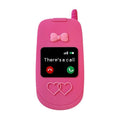 Light pink silicone flip phone case with mirror for iPhone, showing cute cartoon design.