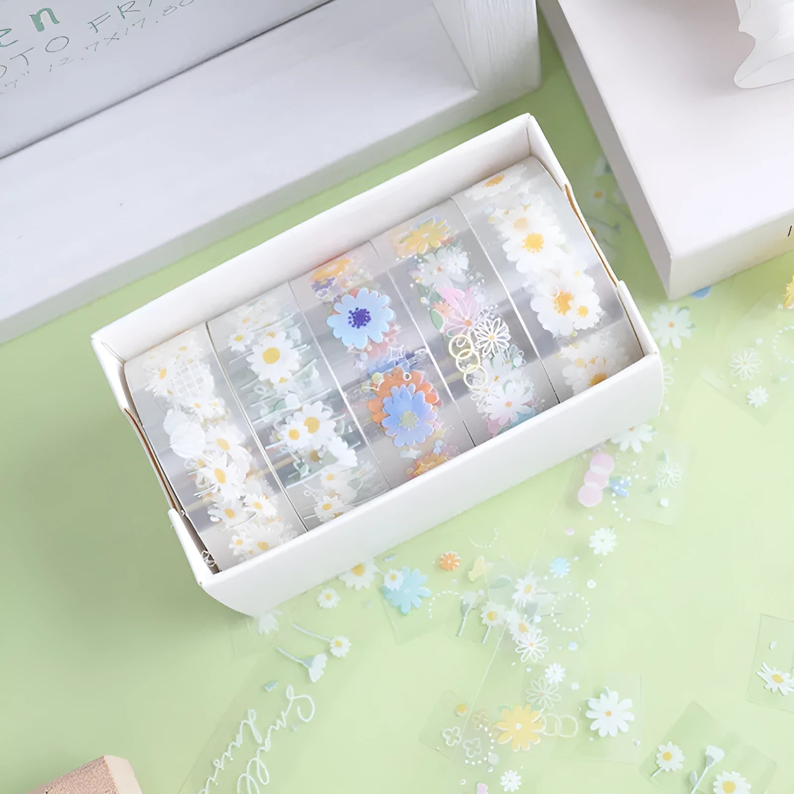 Five rolls of transparent decorative adhesive tape in Midsummer Daisy colour for diary decoration