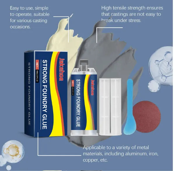 Metal casting glue kit with 85ml adhesive, mixing push rod, scraper and sandpaper