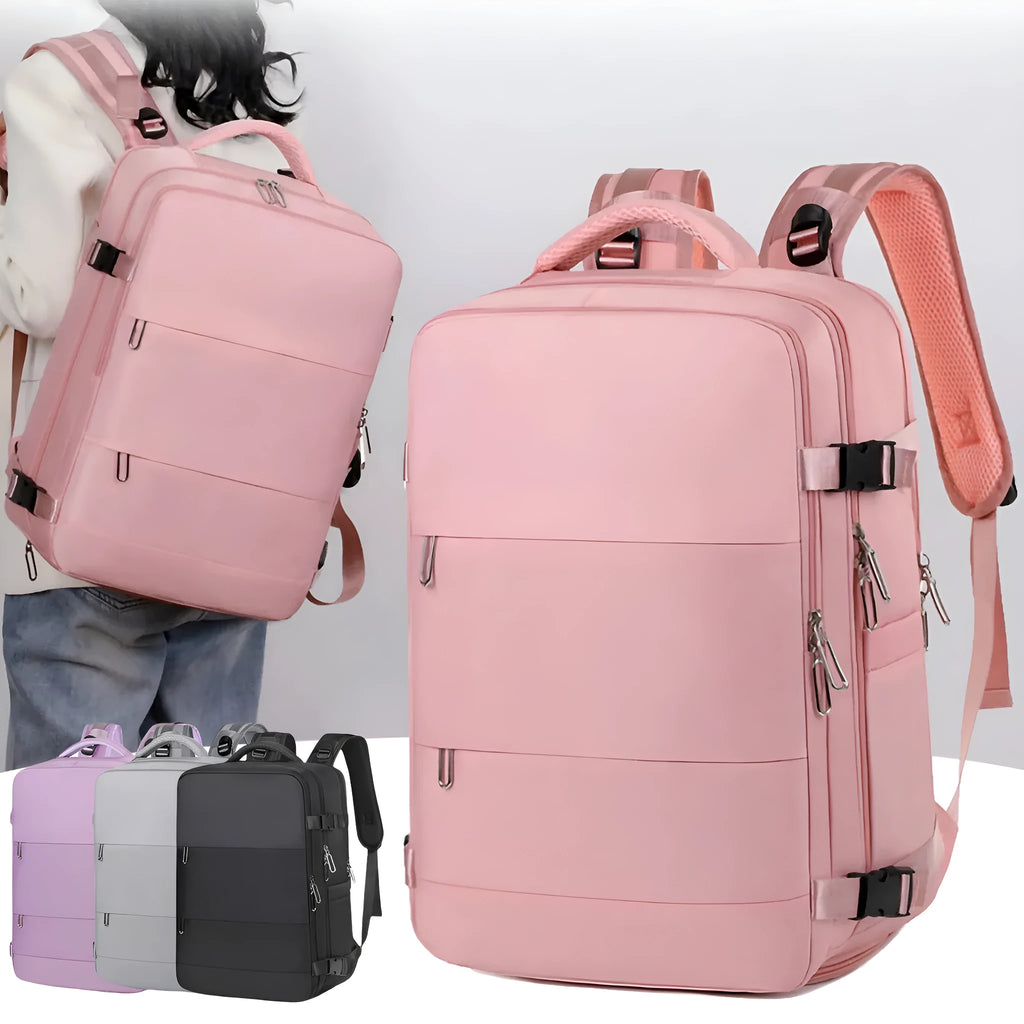 Large purple travel backpack for women with multiple compartments on a grey background.