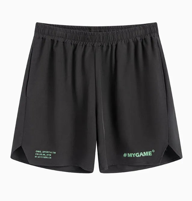 Men's grey quick-dry fitness training shorts made from polyester and spandex fabric.