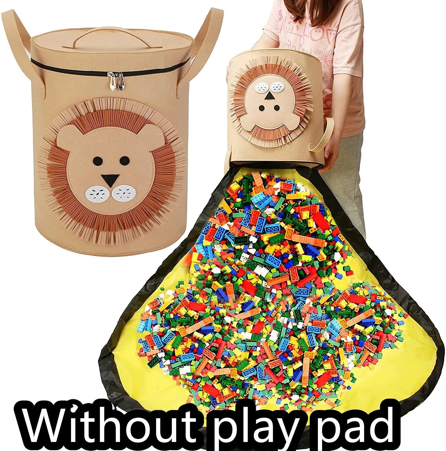 Green felt storage bag converted into a toy play mat with pull rope closure
