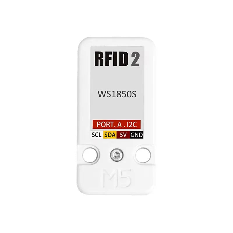 M5Stack WS1850S RFID sensor module on a white background, showing 7cm by 2cm size and HY2.0 connector.