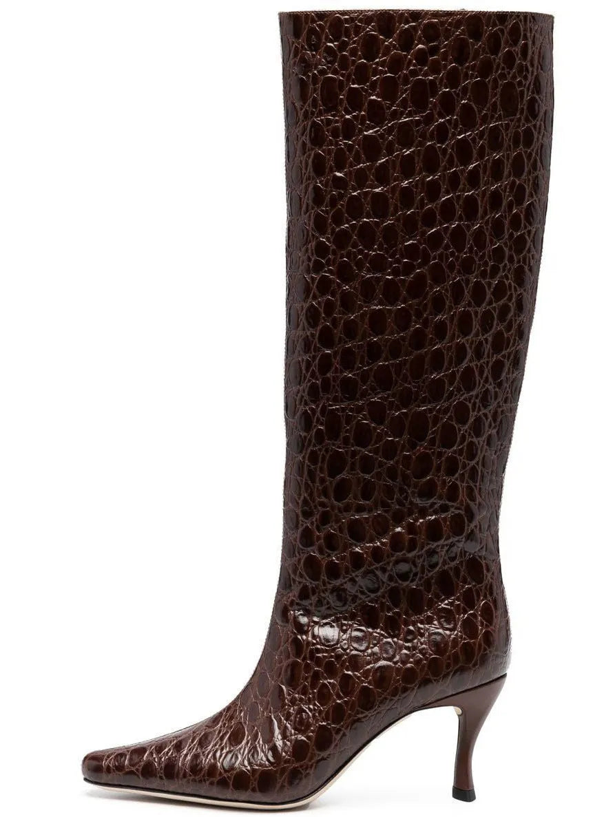 Women's square head cowboy boots in microfiber available in multiple colours including black, grey and patterned options