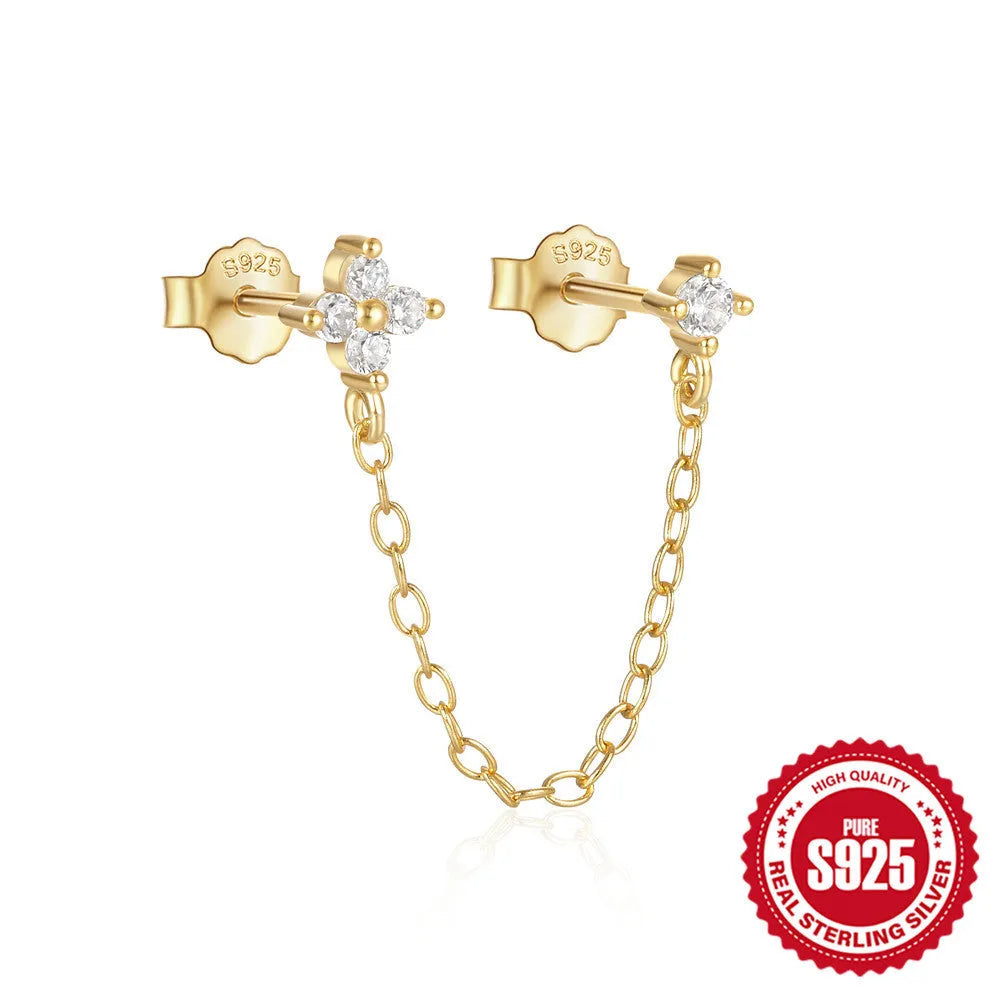 S925 sterling silver geometric ear clip studs with a diamond flower and tassel chain design in a gold electroplated finish.