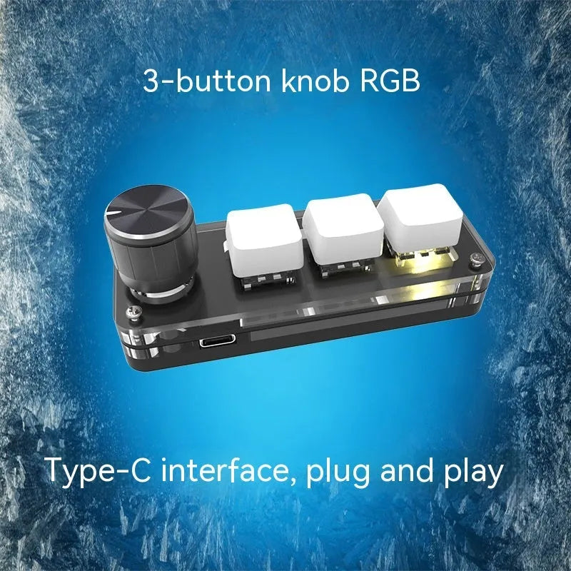 Black programmable mini keyboard with RGB backlit keys for copy and paste commands.