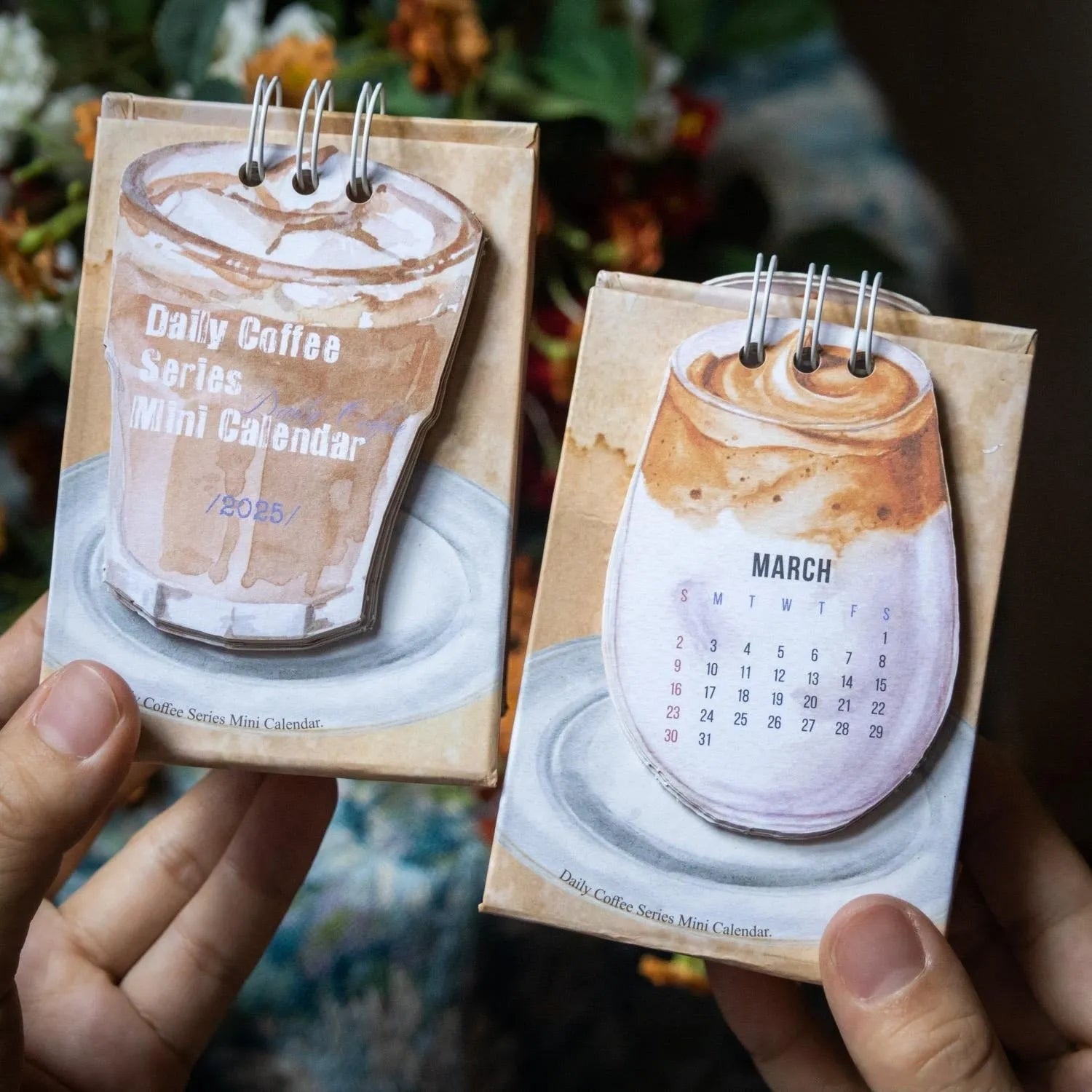 Coffee themed mini desk calendar 2025 with ten different daily designs including Coffee Time and Life Is Not Easy