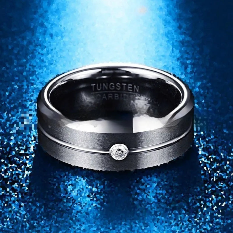 Men's tungsten steel ring with inlaid groove zircon, steel colour finish, U-shaped band on grey background