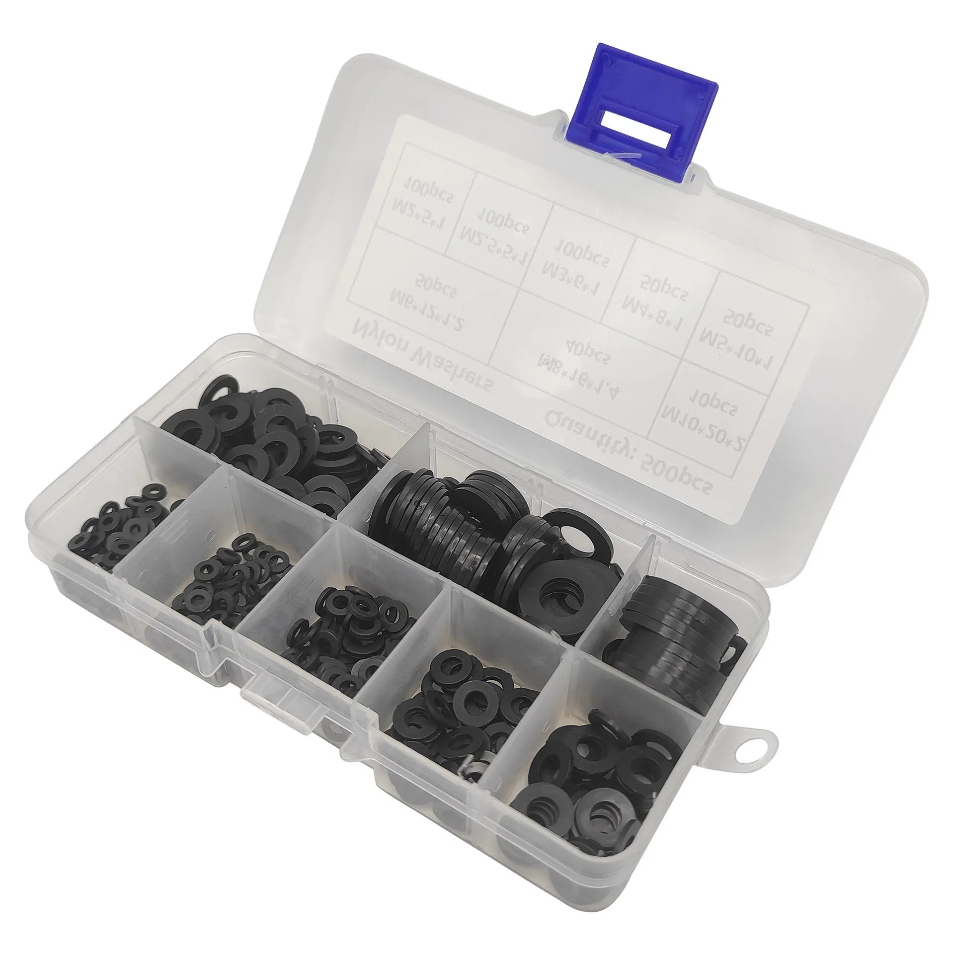 500 pack of black nylon plastic gasket washers in mixed metric sizes from M2 to M10 in a plastic storage box