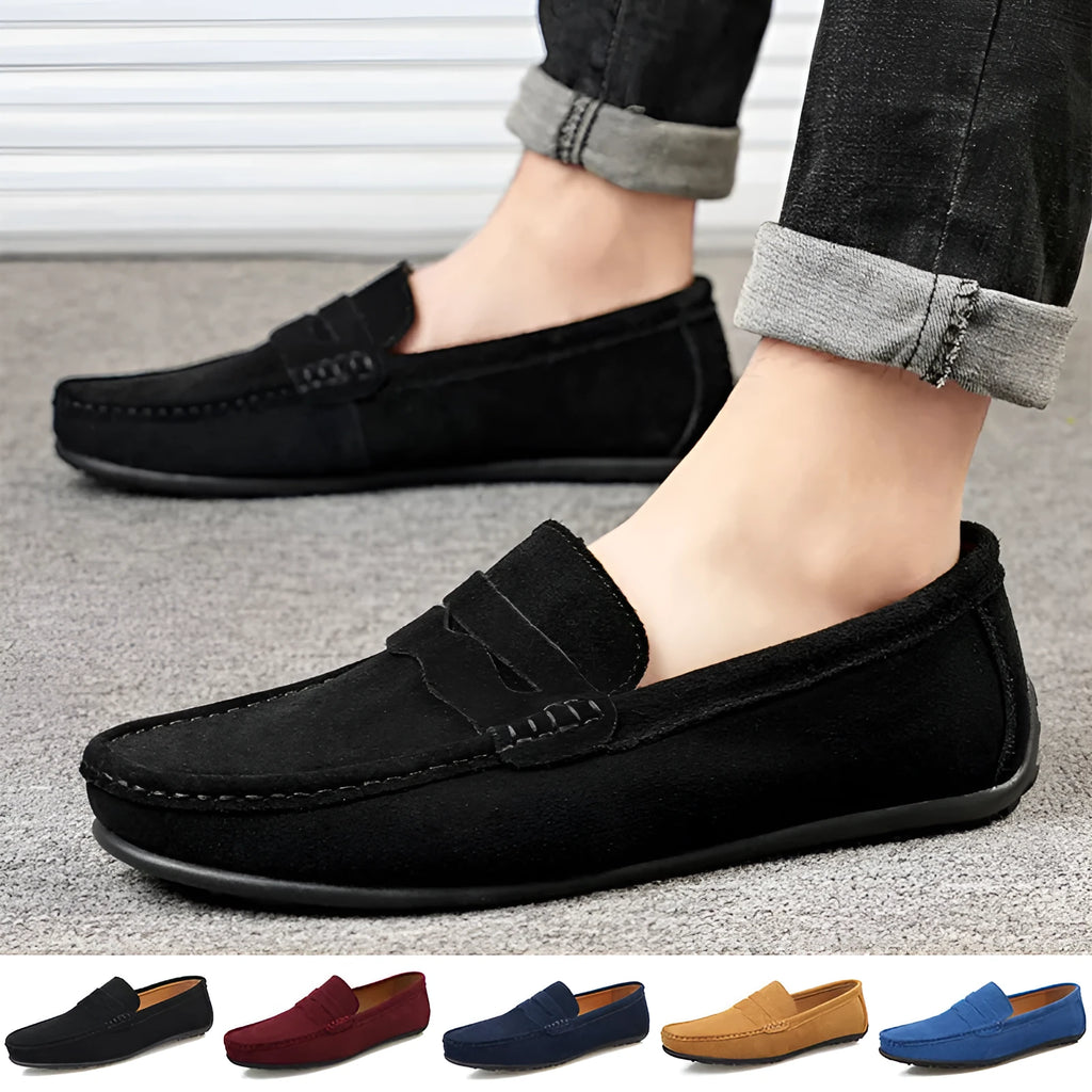 Men's suede leather loafers in solid colours with round toe and flat rubber sole