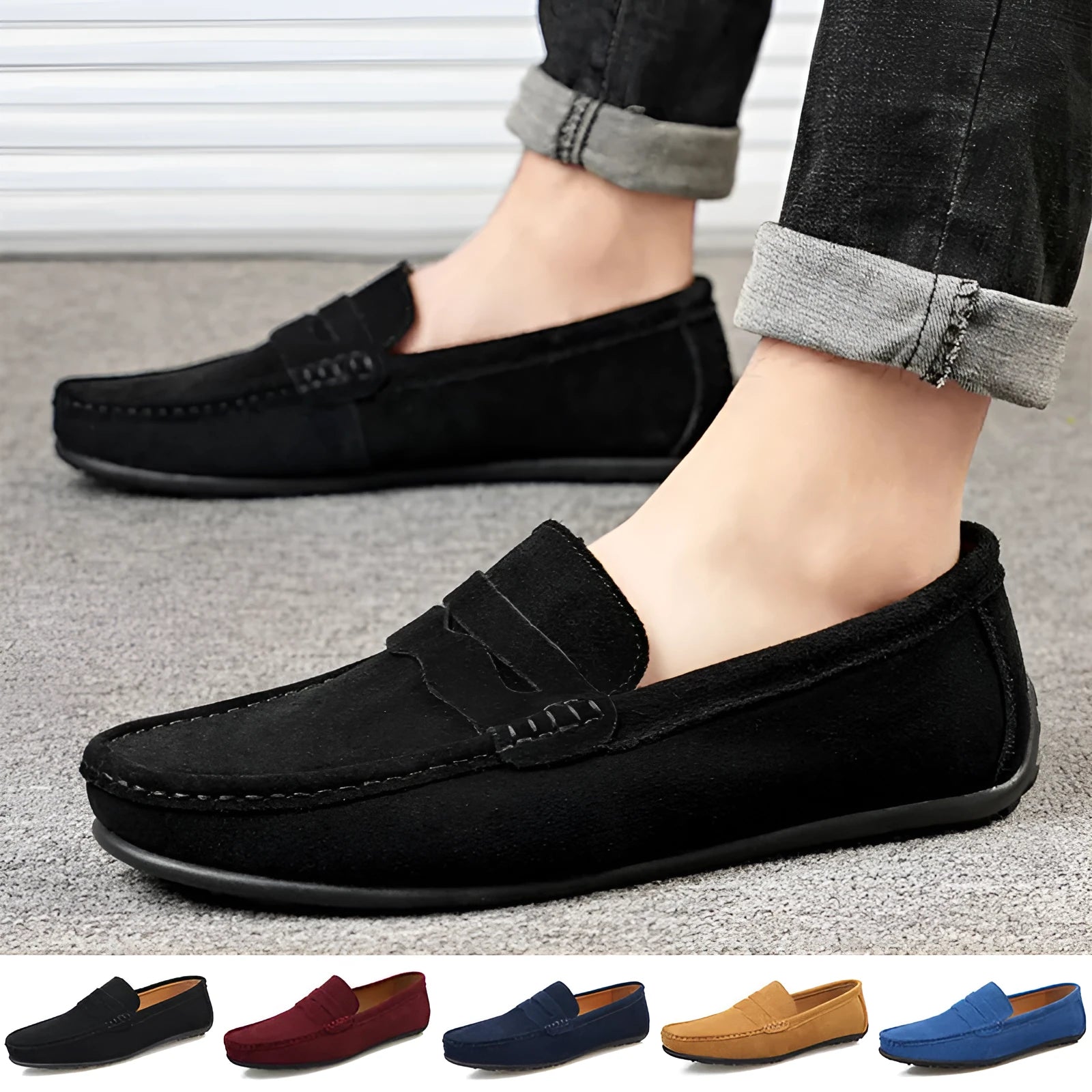 Men's suede leather loafers in solid colours with round toe and flat rubber sole