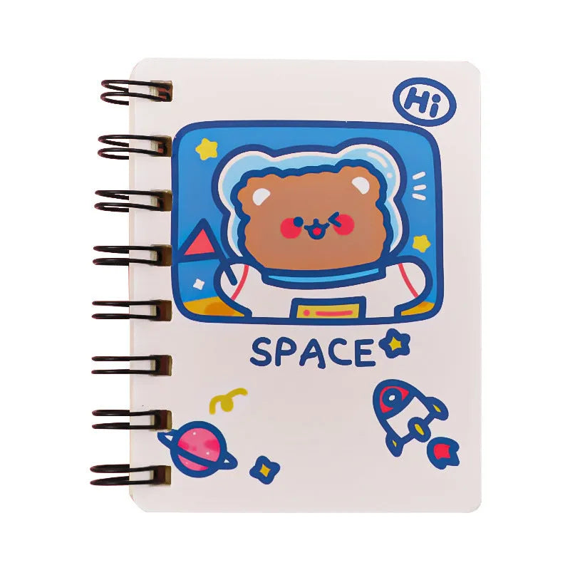 Astronaut flipped portable pocket notebook showing space-themed cover designs at 10.5 by 8 cm size