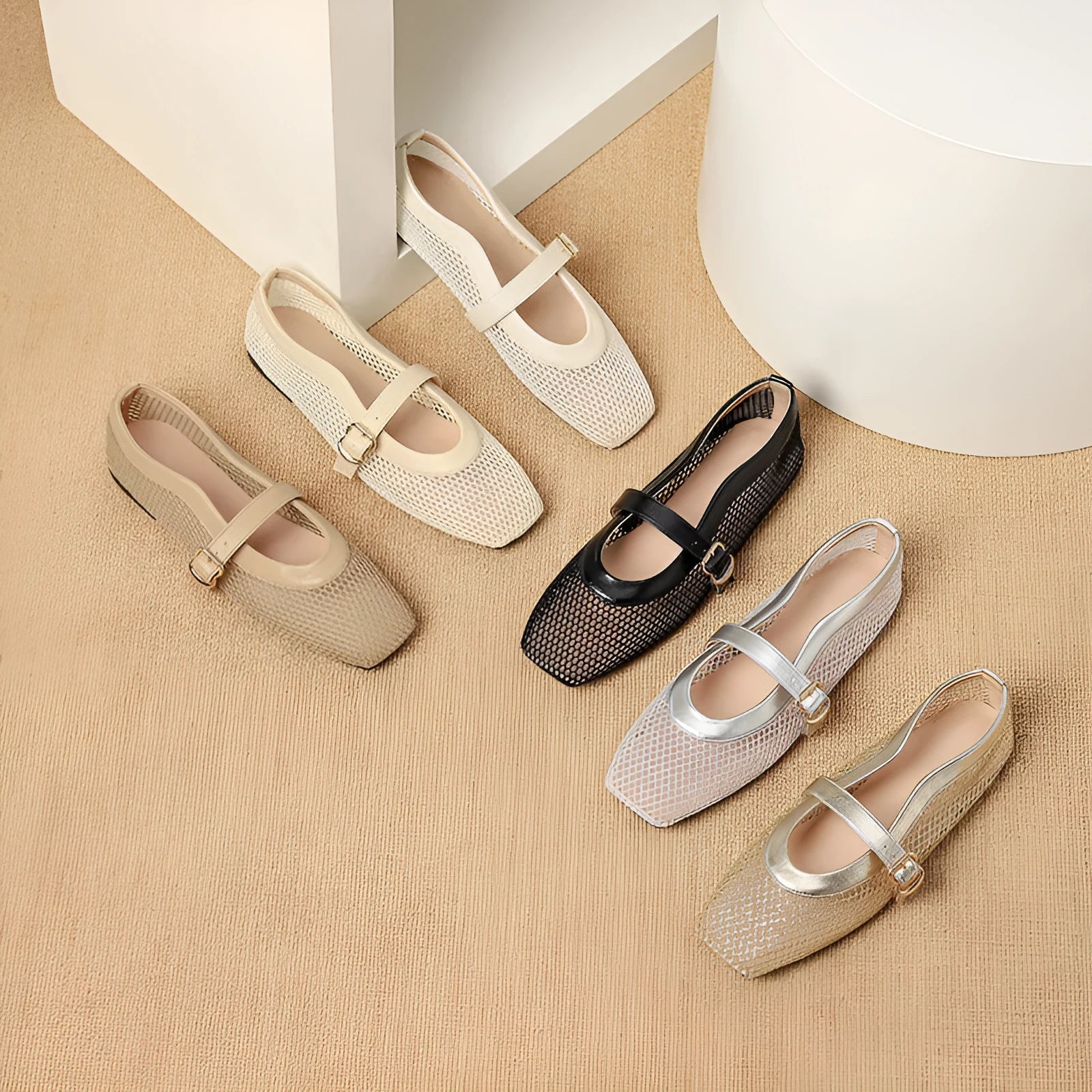 Women's beige mesh summer shoes with buckle fastening and square toe