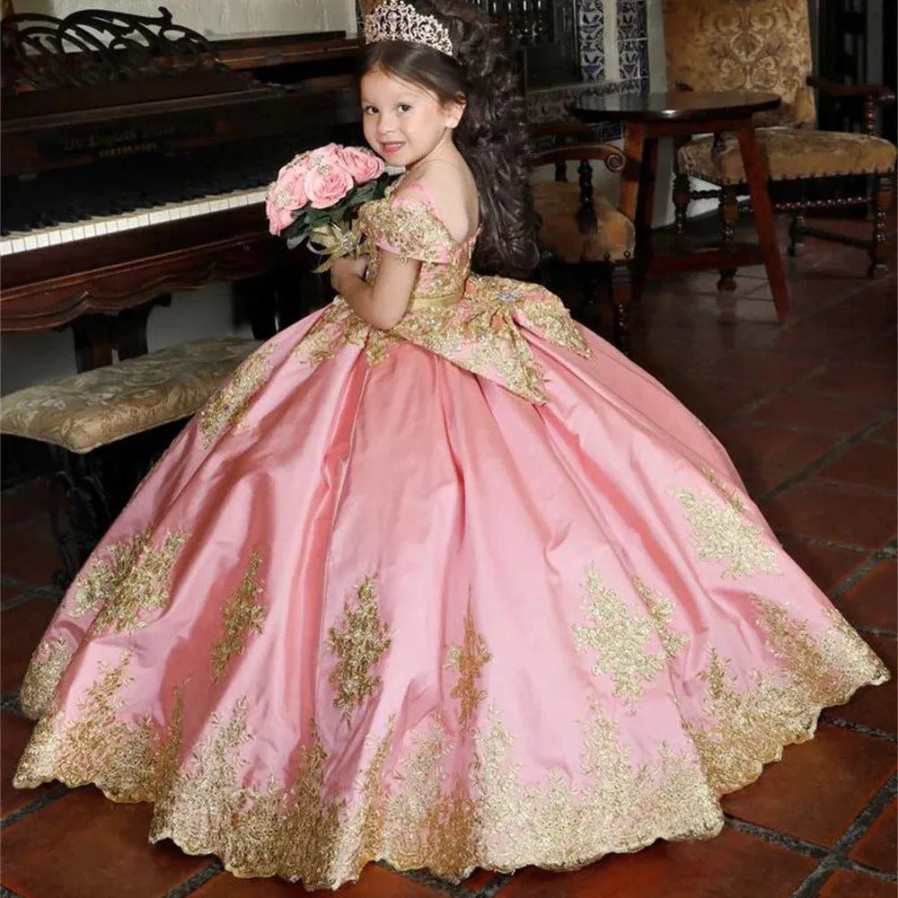 Girls floor-length cotton blend pettiskirt evening dress with lace in pink