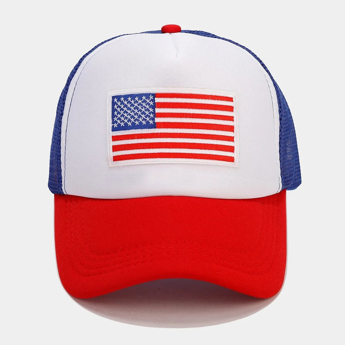 Red and blue mesh baseball cap with adjustable strap and dome crown design