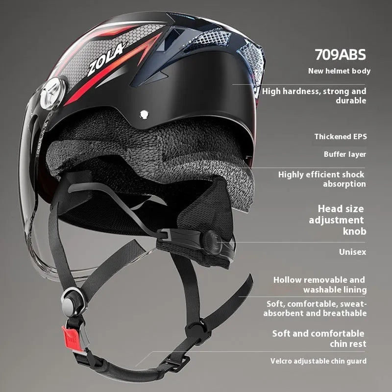 Motorcycle half helmet with double mirror visor in ABS construction, showing universal fit design