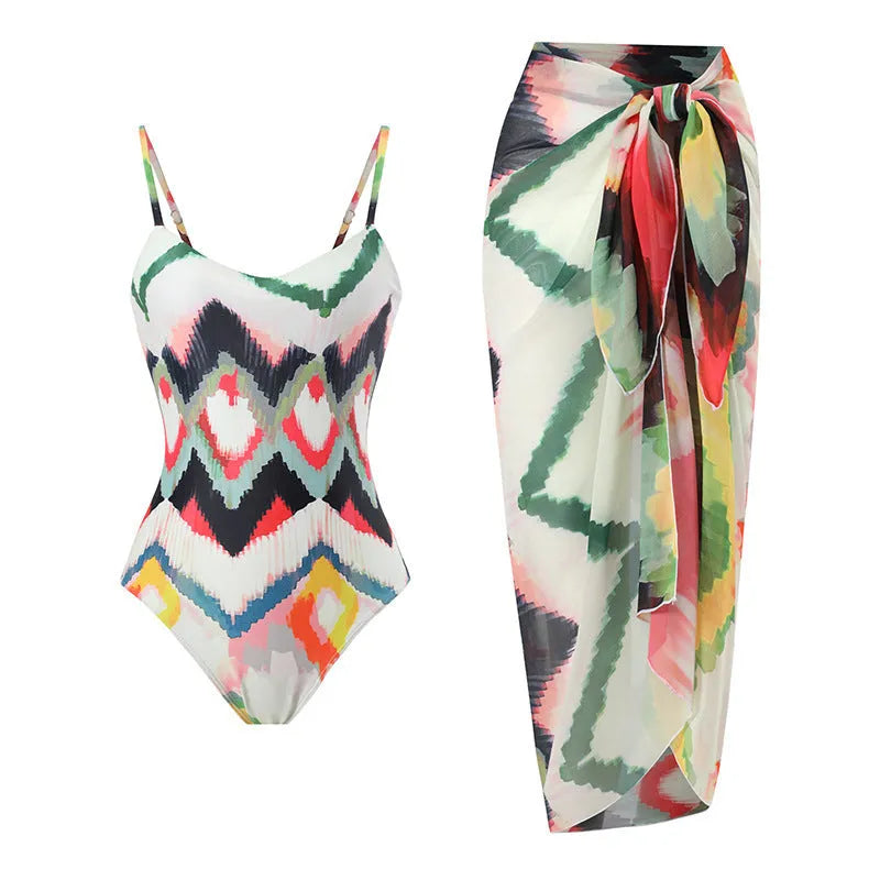 Women's two-piece swimsuit set with striped hip skirt in quick-drying polyester fabric.