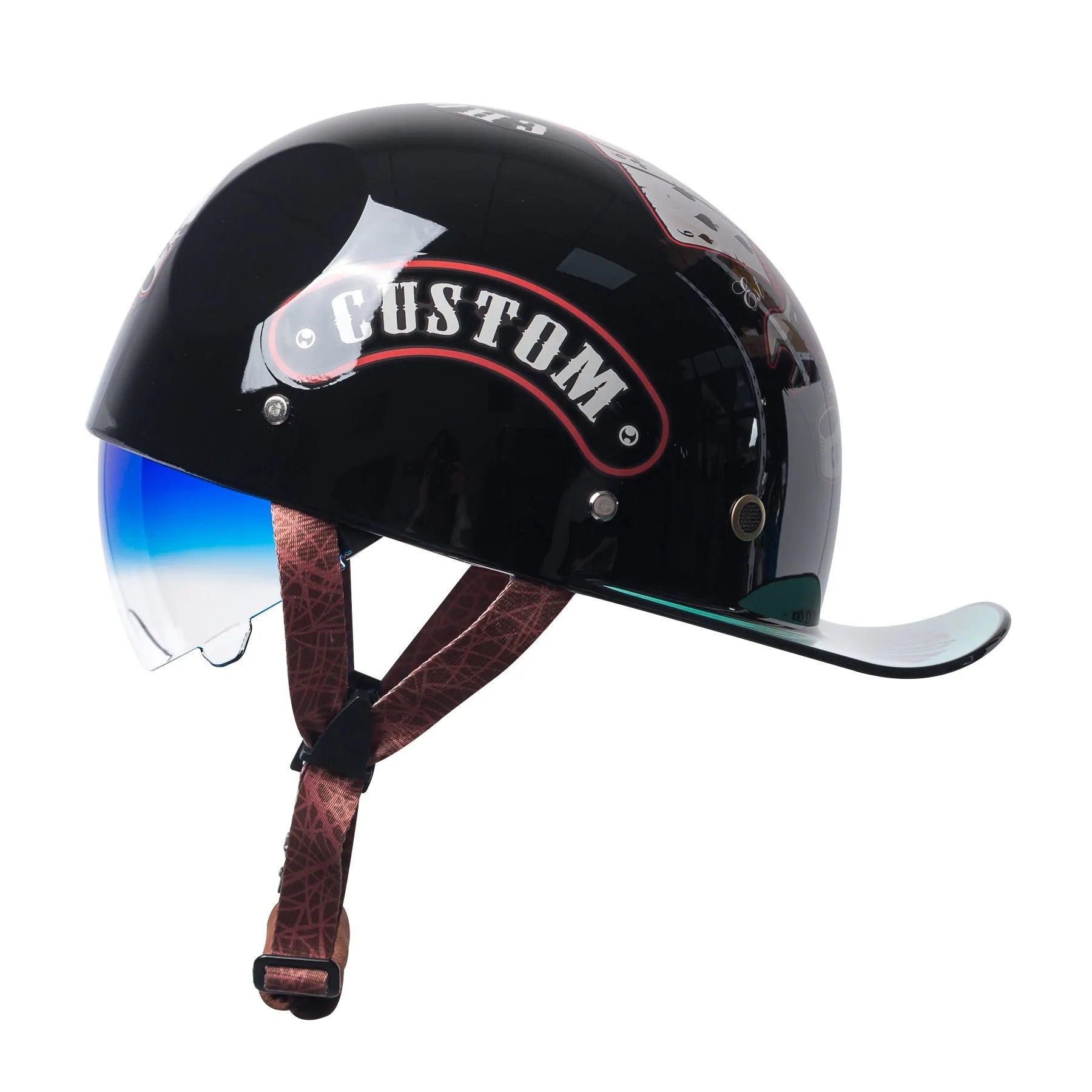 Men's retro half-shell electric bicycle helmet in bright black gradient blue with blue lens