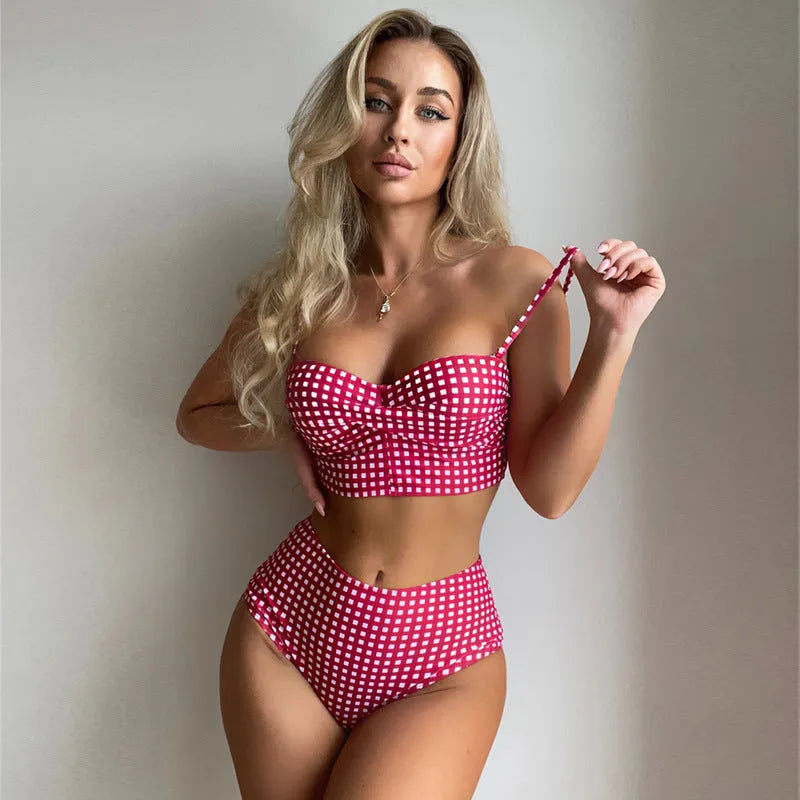 Women's high waisted plaid bikini swimsuit in rose red, showing tops and briefs.
