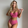 Women's high waisted plaid bikini swimsuit in rose red, showing tops and briefs.