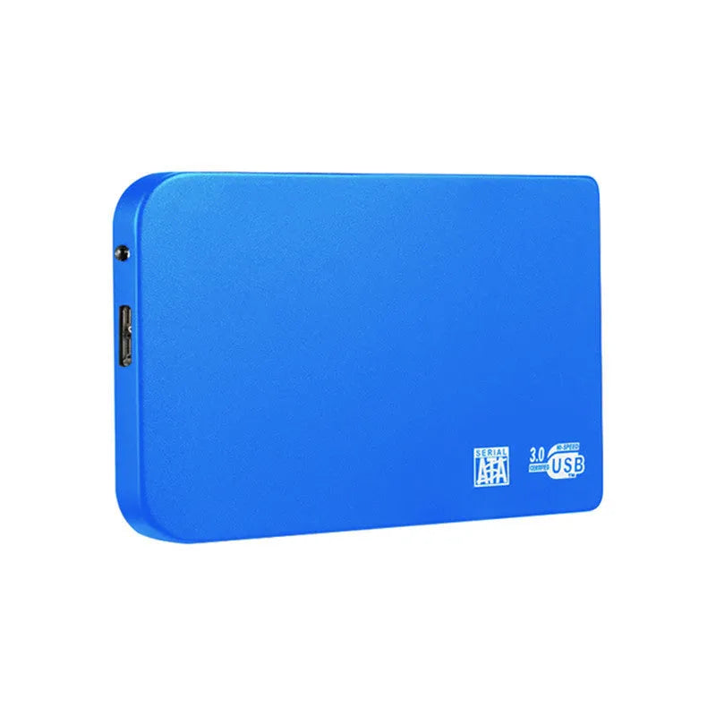 Silver metal external solid state drive with USB cable and cover next to packaging.