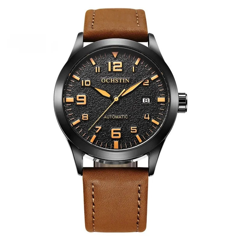 Men's black and silver automatic mechanical watch with leather strap showing 12mm thickness