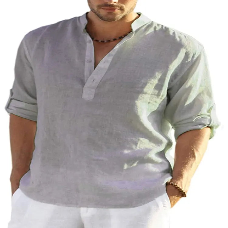 Men's solid colour cotton linen long sleeve shirt with a stand collar, shown in a fitted style.