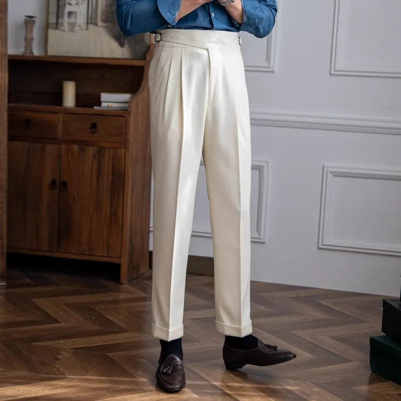 Men's high waist straight leg casual trousers in black polyester fabric for leisure wear.