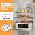 Stainless steel household electric steamer appliance with digital display and steaming rack.