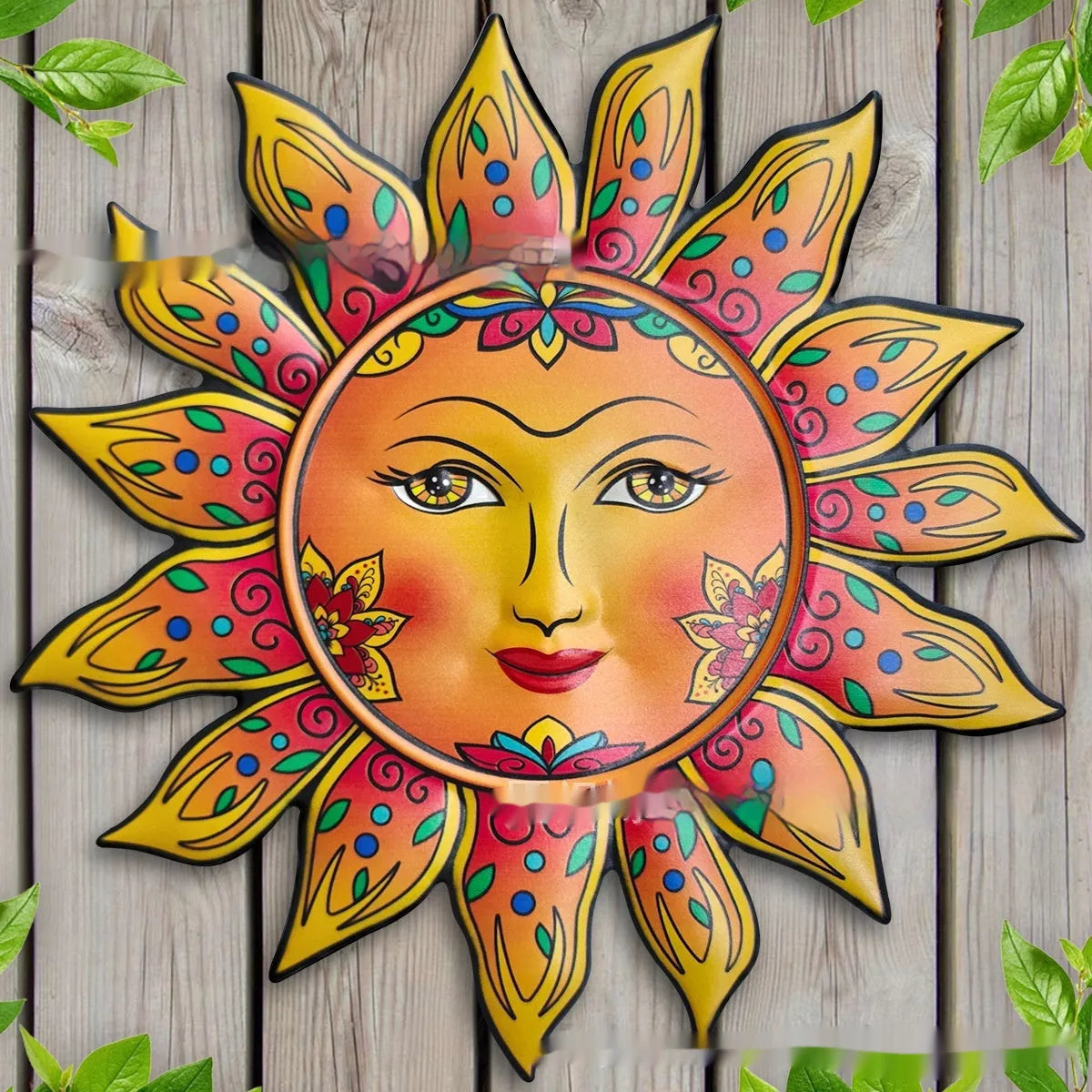 Iron sun face wall hanging decoration with floral metalwork design in multiple colour options