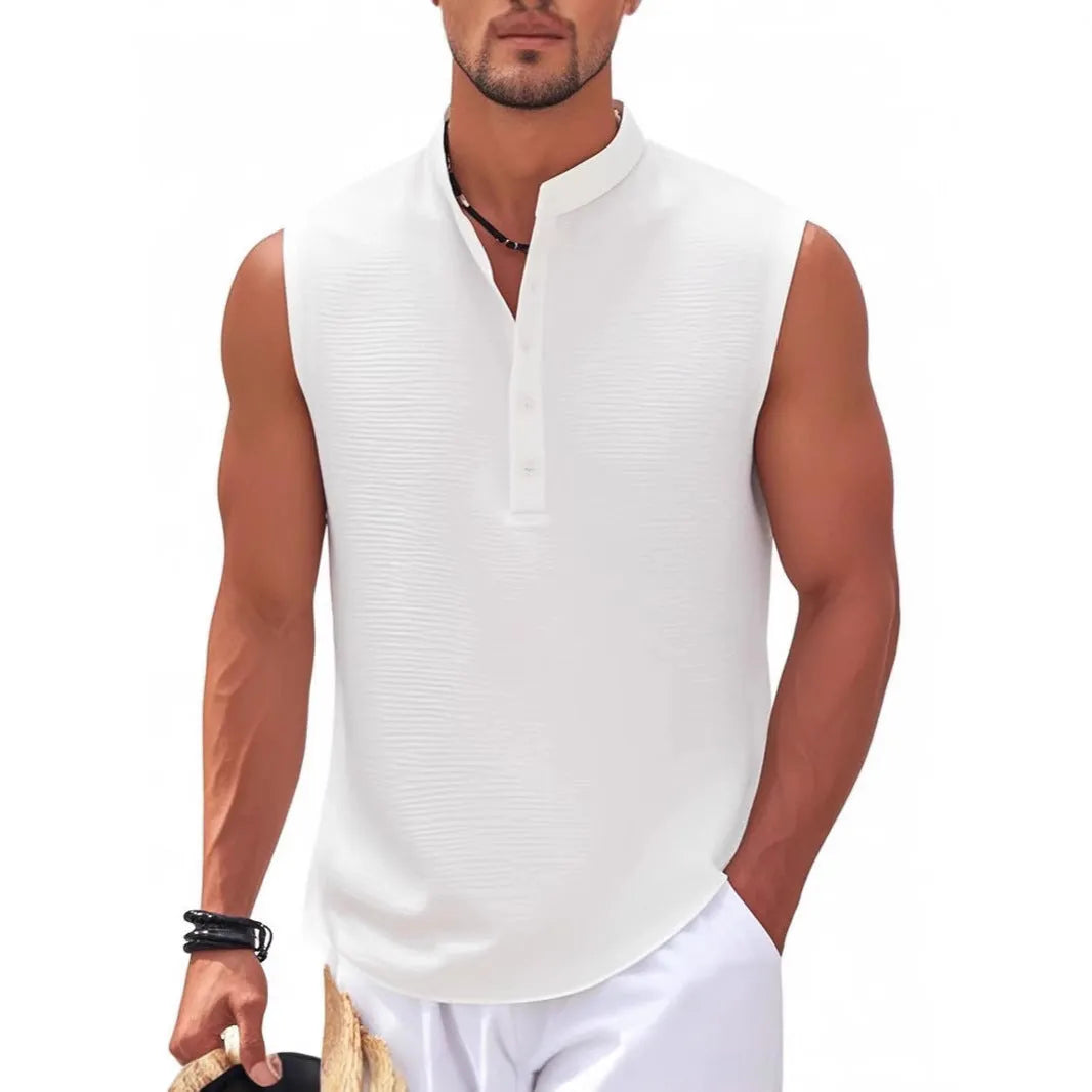 Men's stand collar sleeveless vest in striped jacquard weave, shown in front view, available in 9 colours