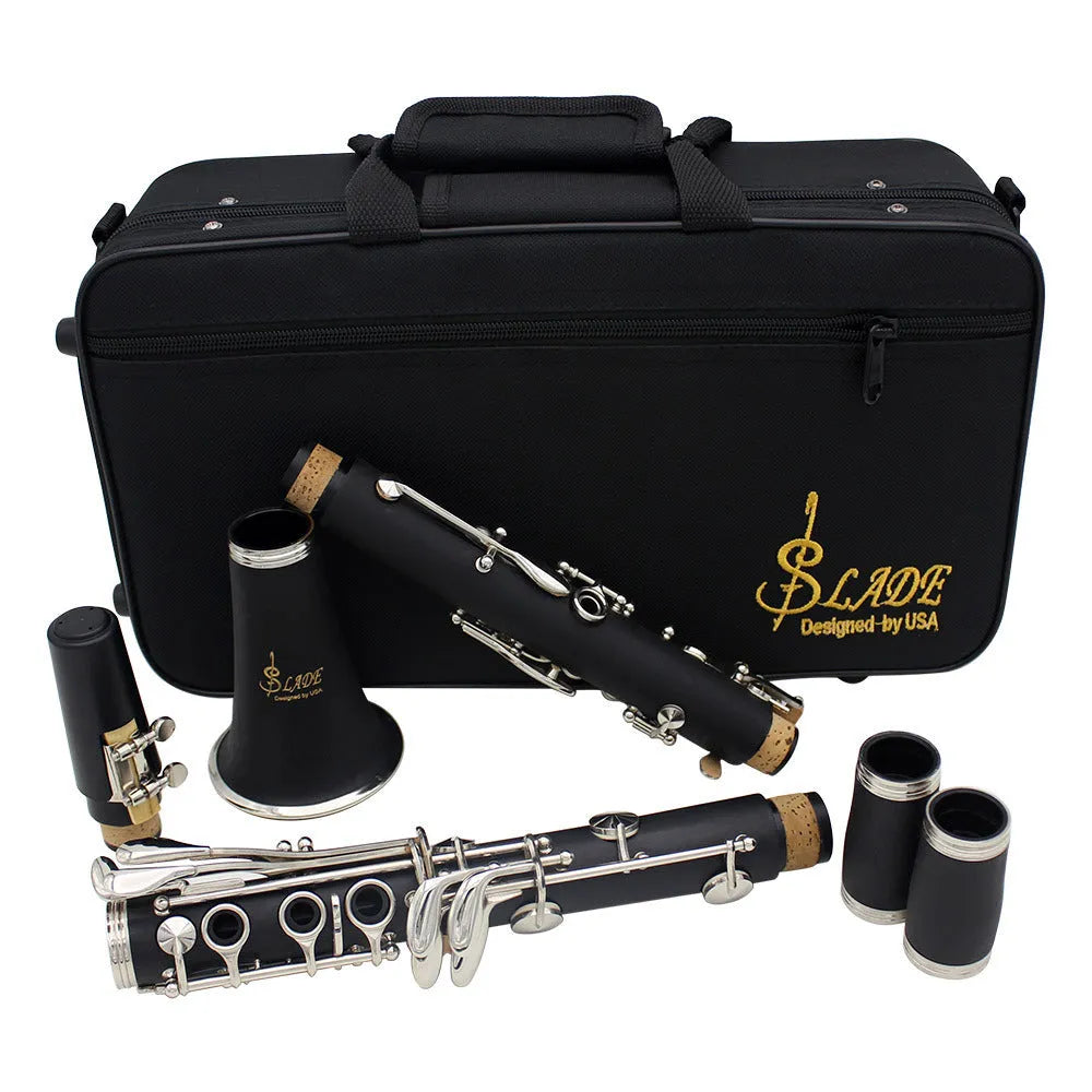 Black bakelite beginner clarinet with nickel keys and carrying bag for student musicians