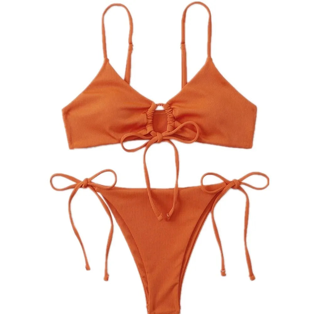 Women's solid colour drawstring bikini swimsuit in briefs style, shown in Army Green