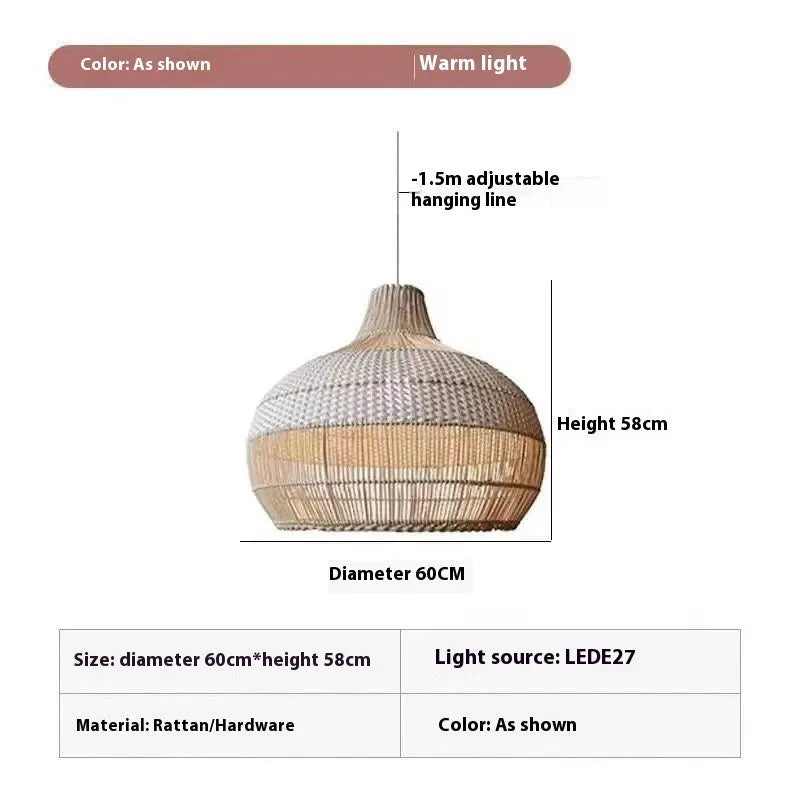 60cm diameter rattan living room chandelier in Silent Wind style for pastoral Southeast Asian decor