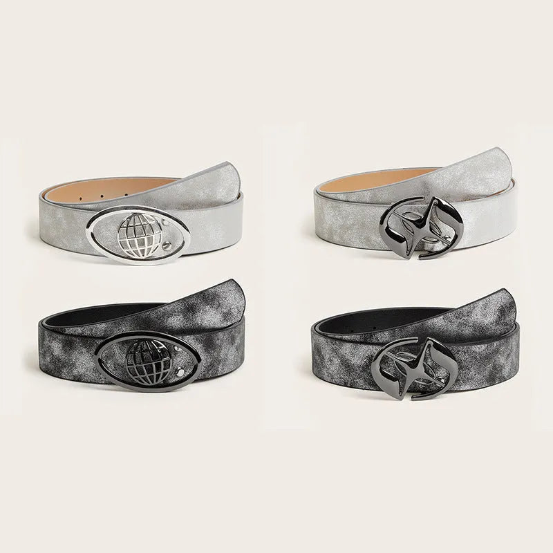 Retro women's thick belt with oval alloy buckle in antique grey-white finish