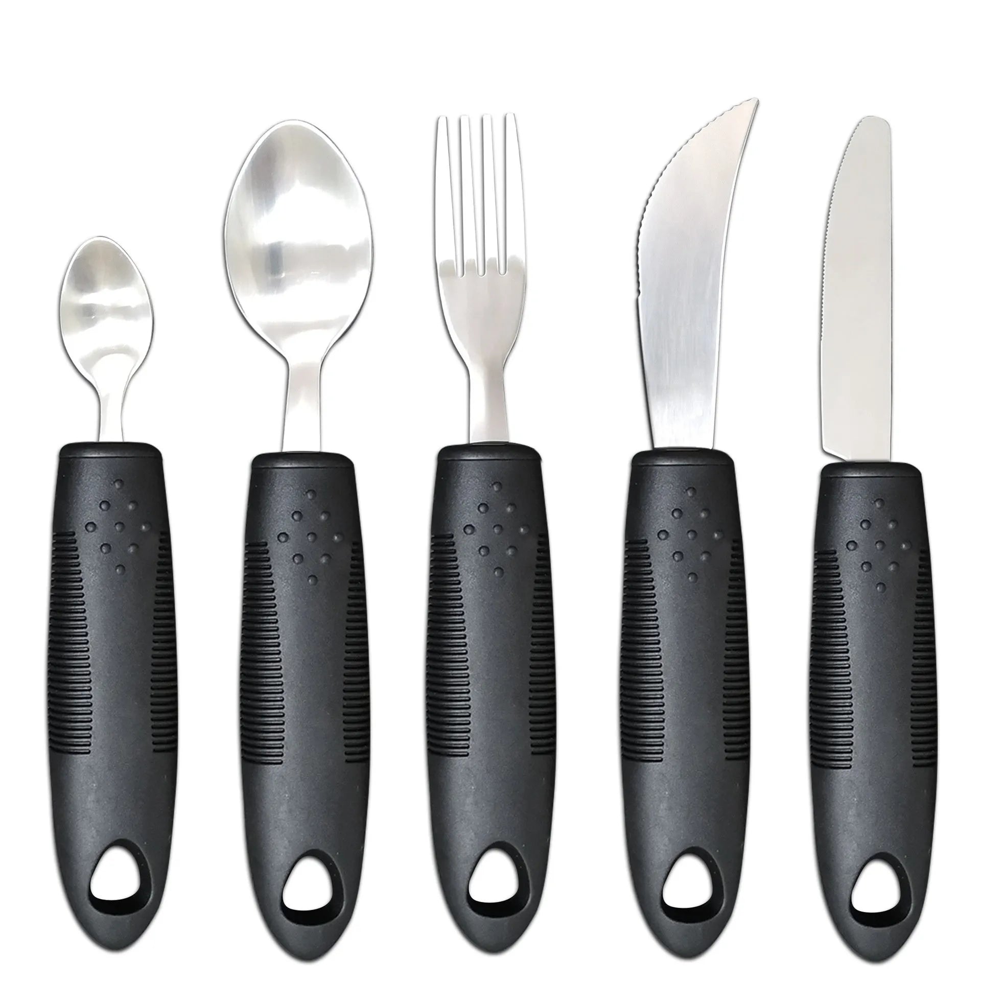 Adaptive cutlery set with stainless steel utensils and rubber grip handles for hand tremor assistance